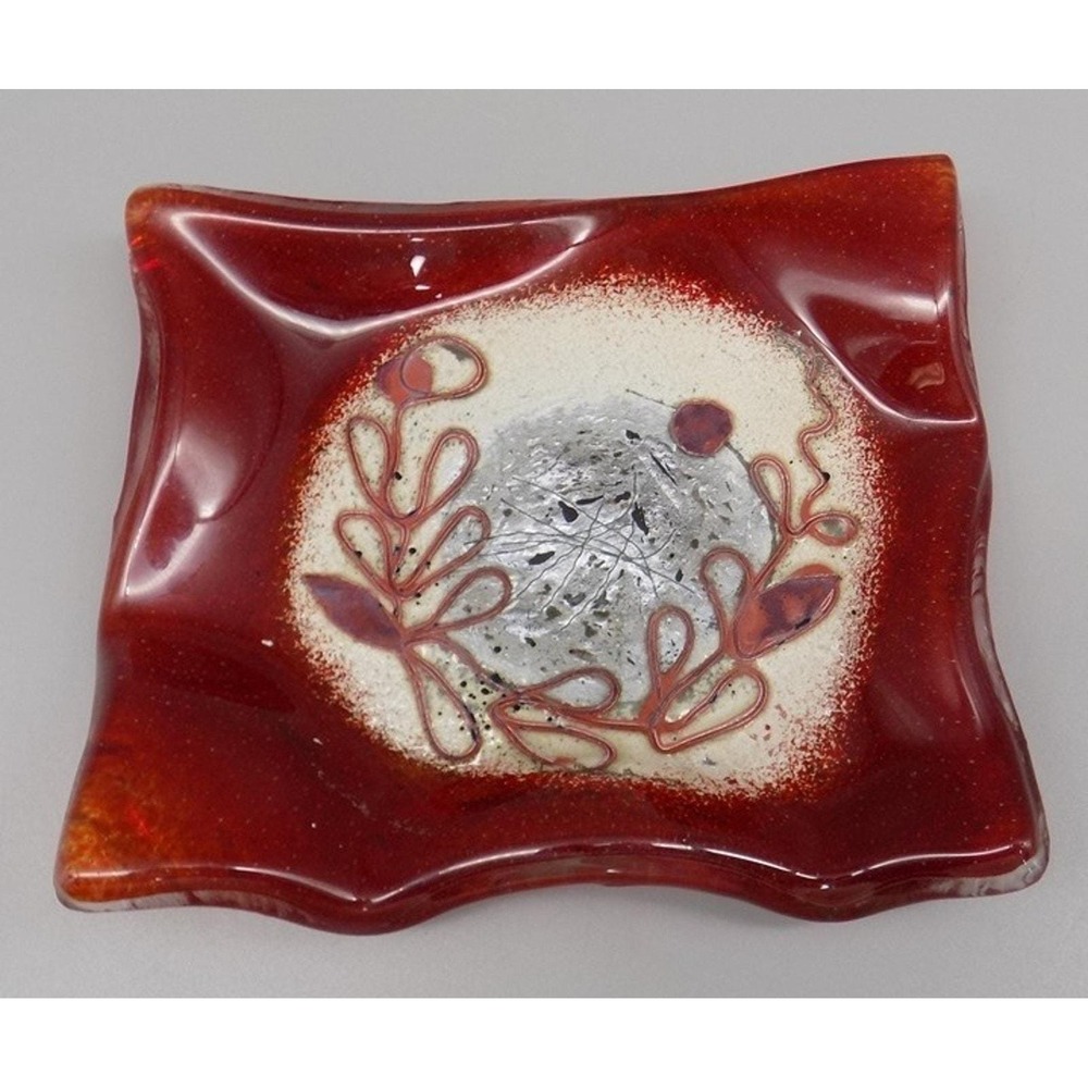 Red Murano Art Glass Candy Dish w/ Copper Silver Bon Bon White Vintage